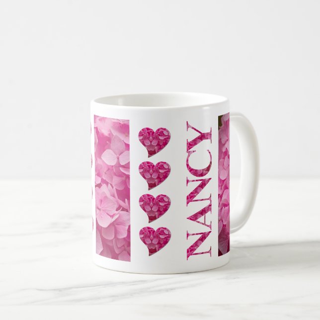 Taza De Café "Nancy" Pink Hydrangea Floral Lettering & Hearts (Anverso derecho)