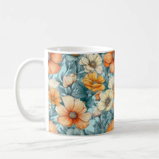 Taza De Café Naranja azul de flores (Izquierda)