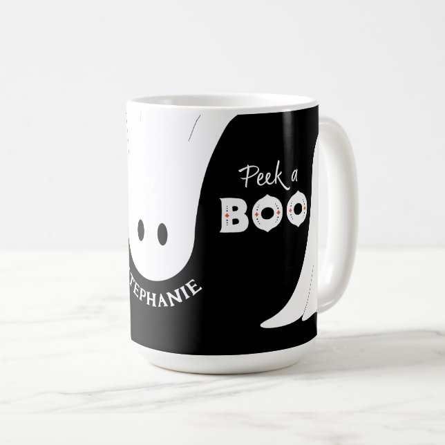 Taza De Café Naranja blanco negro mira a Boo Ghosts Halloween (Anverso derecho)