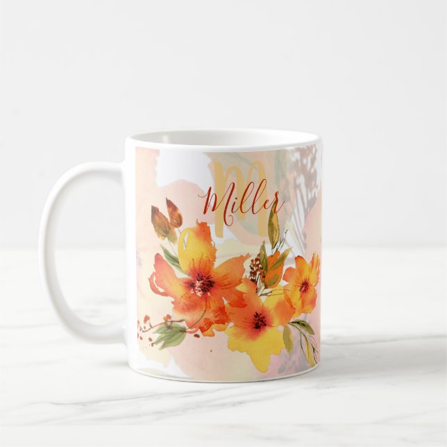 Taza De Café Naranja cascada caída floral personalizada (Izquierda)