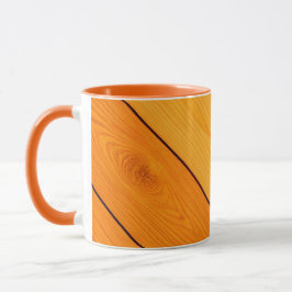 Taza de café naranja con patrón de madera