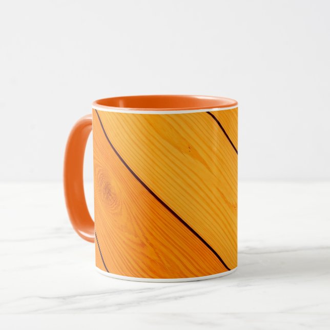 Taza de café naranja con patrón de madera (Anverso izquierdo)