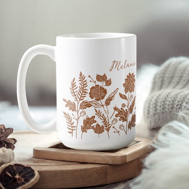 Taza De Café Naranja de Flores de Otoño de Foliage Personalizad (Personalized Foliage Autumn Flowers Orange Coffee Mug)