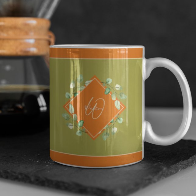 Taza De Café Naranja de hojas de otoño y monogramado verde (Subido por el creador)