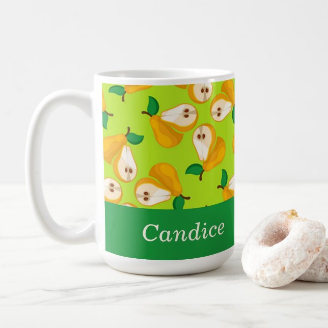 Taza De Café Naranja de nombres personalizados peras en verde (Con donut)
