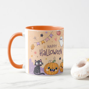 Taza de café naranja espeluznante y linda de Hallo