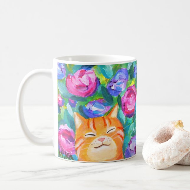 Taza De Café Naranja feliz dulce Tabby Cat con flores amante de (Con donut)