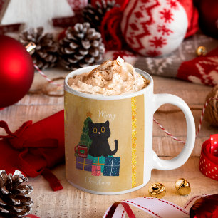 Taza De Café Naranja Festivo Feliz Navidad Gato Negro Café