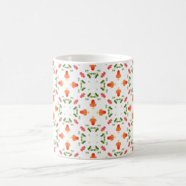 Taza De Café Naranja flores patrón de hojas verdes (Centro)