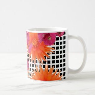 Taza De Café Naranja Flores rosadas Black White Check Coffee Mu