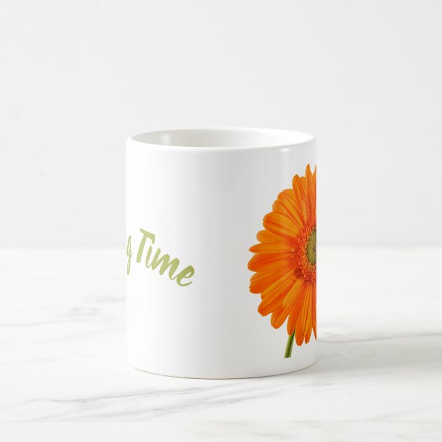 Taza De Café Naranja gerbera flor primavera foto con texto (Centro)