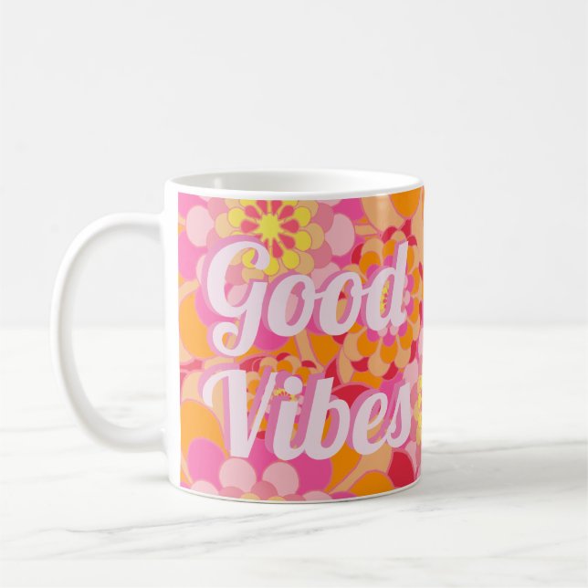 Taza De Café Naranja hippy retro Flores rosas buenas vibracione (Izquierda)