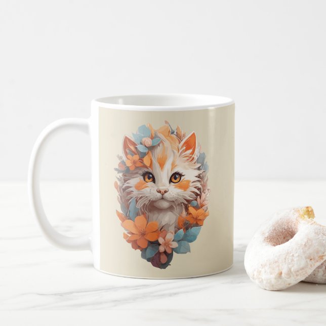 Taza De Café Naranja lindo Floral Kitty Cat (Con donut)