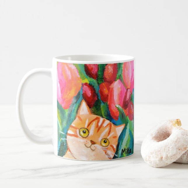Taza De Café Naranja lindo Tabby Cat Bonito Floral Cat Lover Re (Con donut)