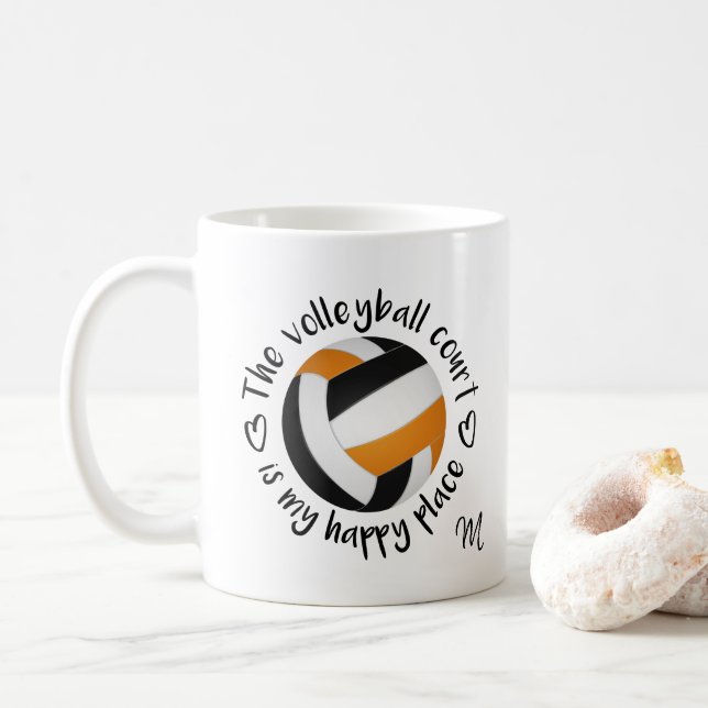 Taza De Café naranja negro cancha de voleibol mi lugar feliz (Con donut)