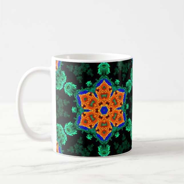 Taza De Café Naranja psicodélico de flores hippie y Verde azula (Izquierda)