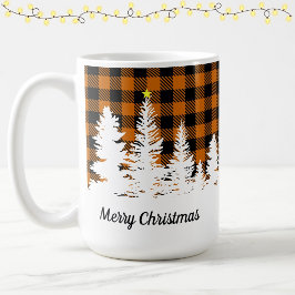 Taza De Café Naranja Quemada Plaid Búfalo Bosque Feliz Navidad