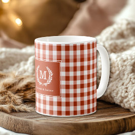 Taza De Café Naranja-Red Gingham Monograma Personalizado Escudo