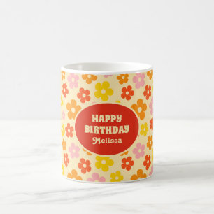 Taza De Café Naranja retro colorido Boho Flor Feliz cumpleaños