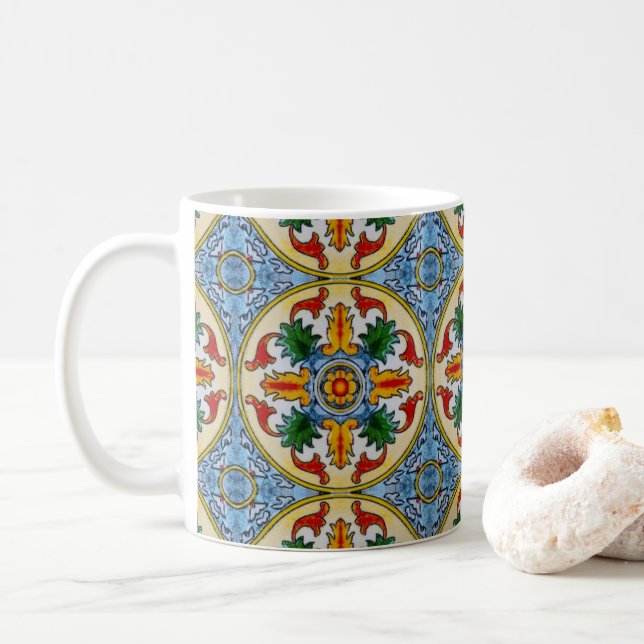 Taza De Café Naranja Rojo Peranakan Flor Ornamental (Con donut)