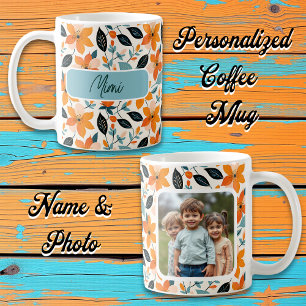 Taza De Café Naranja y flor azul personalizado