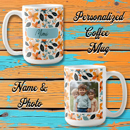 Taza De Café Naranja y flor azul personalizado