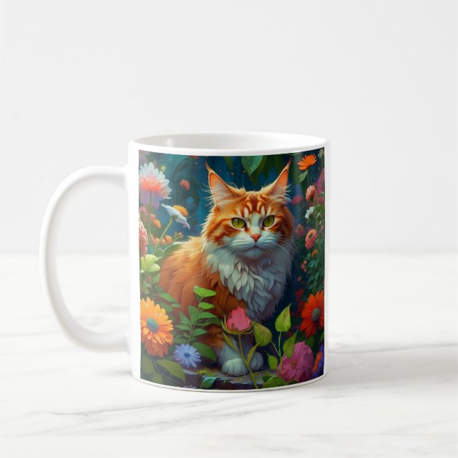 Taza De Café Naranja y gato blanco sentados en flores (Izquierda)