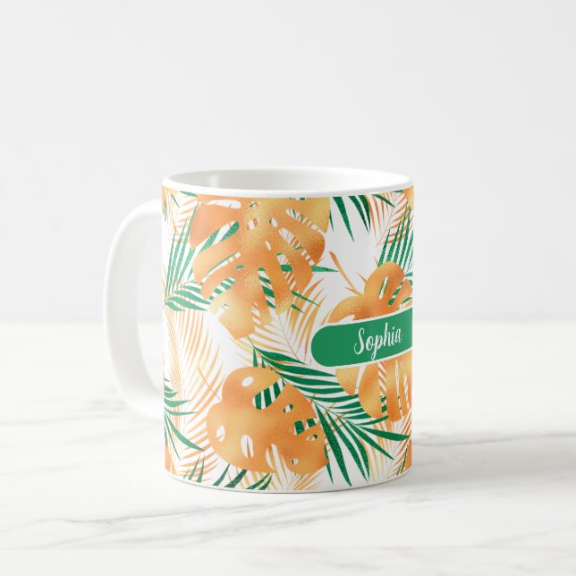 Taza De Café Naranja y hojas tropicales verdes, nombre blanco (Anverso izquierdo)