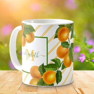 Taza De Café Naranjas de cítricos monogramo rayas acuarelas rús