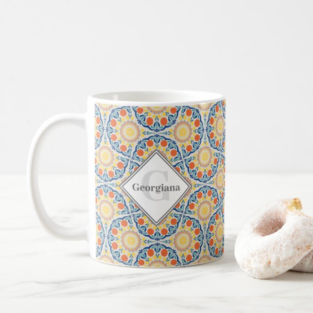 Taza De Café Naranjas De Verano Del Egeo Monograma Y Hinchas De (Con donut)
