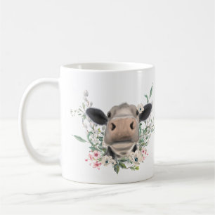 Taza De Café nariz de vaca besa flores acuarela gris animal de