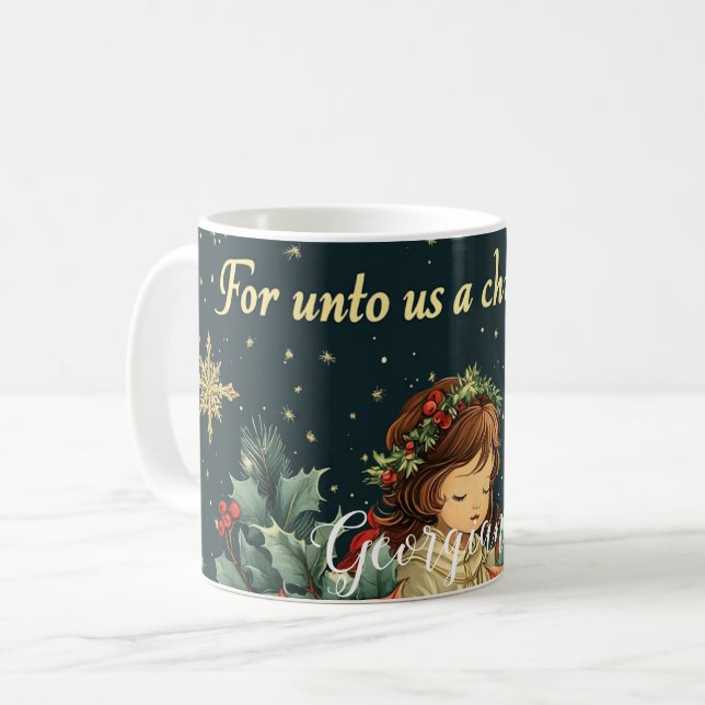 Taza De Café Natividad bíblica personalizada niño y verso (Anverso izquierdo)