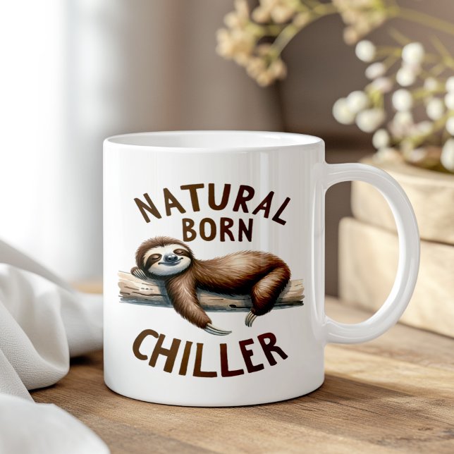 Taza De Café "Natural Born Chiller" Cura Divertida Locura Durmi ("Natural Born Chiller" Cute Funny Sleeping Sloth Coffee Mug on a boho wooden table.)