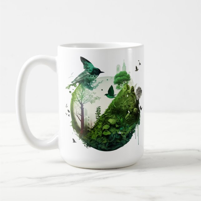 Taza De Café Nature's Symphony Vibrant Green Landscape wth Bird (Izquierda)