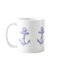 Taza de café náutica azul y blanca con las anclas