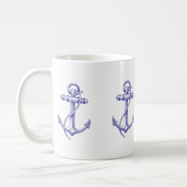Taza de café náutica azul y blanca con las anclas