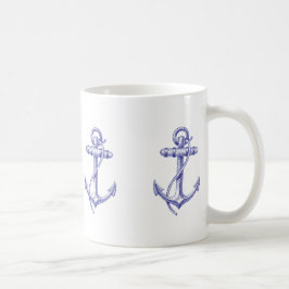 Taza de café náutica azul y blanca con las anclas
