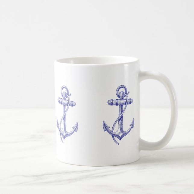 Taza de café náutica azul y blanca con las anclas (Derecha)