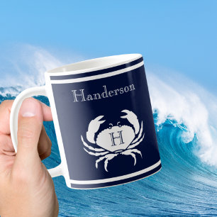 Taza De Café Náutica de cangrejo blanco azul de la Marina Monog