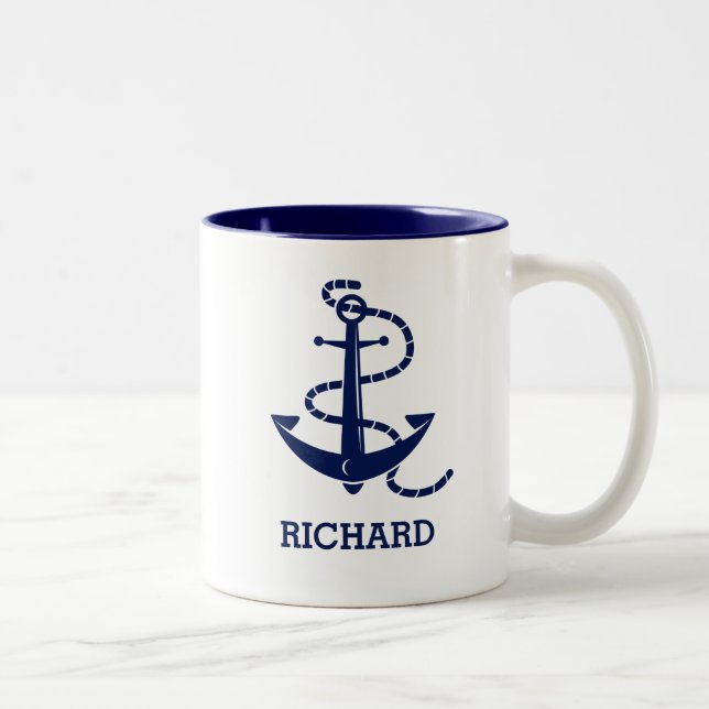 Taza de café náutica personalizada del ancla azul (Derecha)