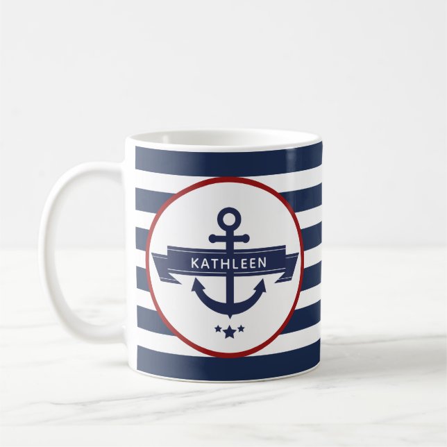 Taza De Café Nautical Anchor Name Navy Blue Stripes (Izquierda)