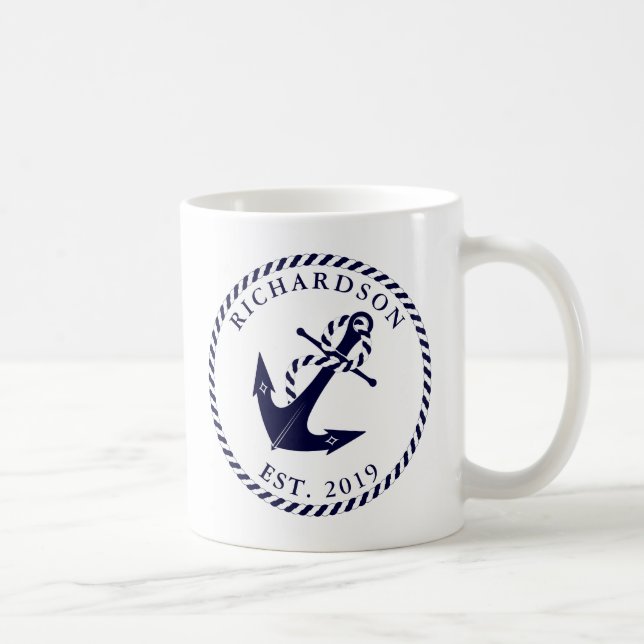 Taza De Café Nautical Anchor Naval Azul y Blanco Personalizado (Derecha)