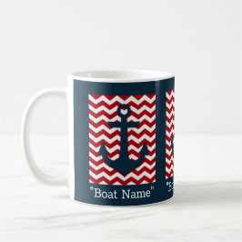 Taza De Café Nautical Anchor Rojo Blanco Nombre del barco Texto