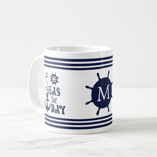 Taza De Café Nautical Anchor SEAS THE DAY Navy Monogramado (Anverso izquierdo)