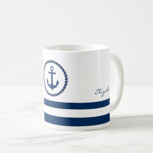 Taza De Café Nautical Boat Name,Anchor Naval Blue Stried