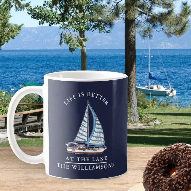 Taza De Café Nautical Lake Life Navy Bote azul y blanco (Subido por el creador)