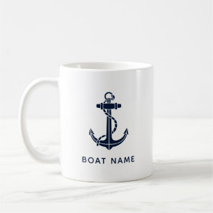 Taza De Café Nautical Naval Blue Anchor Nombre barco Personaliz