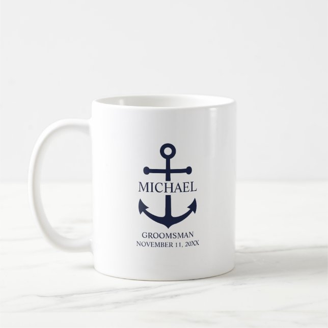 Taza De Café Nautical Navy Blue Anchor Personalizado Groomsmen (Izquierda)