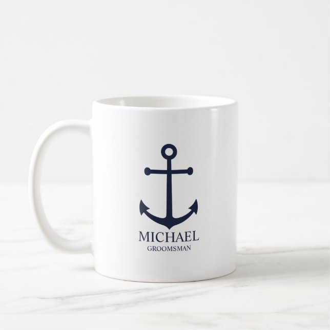 Taza De Café Nautical Navy Blue Anchor Personalizado Groomsmen (Izquierda)