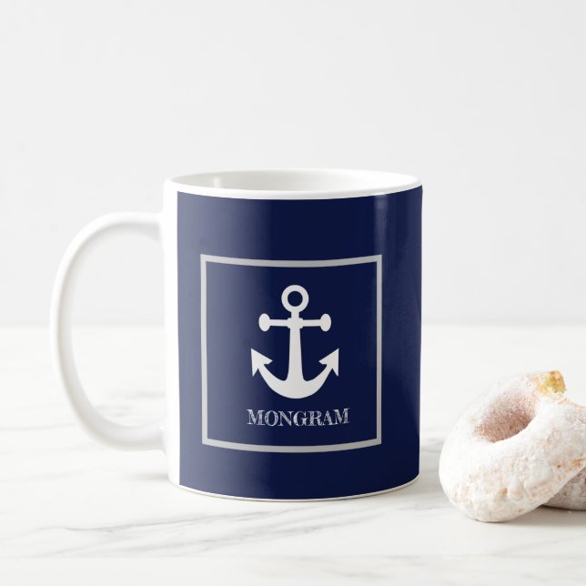 Taza De Café Nautical Navy Blue Name Anchor Coffee Mug (Con donut)